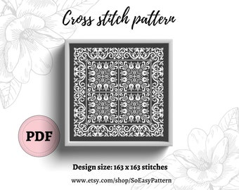 Sampler kruissteekpatroon, volksstijl borduurwerk sampler x-steekkaart, kruissteekpatroon zwart-wit, pdf direct downloaden