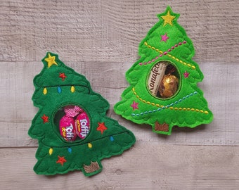 Set of 2 Christmas Tree Treat Bag In The Hoop Machine Embroidery Design, Christmas Treat bag, Embroidery File Chistmas Candy Holders