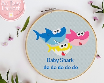 Family Shark cross stitch pattern Digital cross stitch Baby shark Modern cross stitch pattern Baby shark gift  Embroidery desing pattern