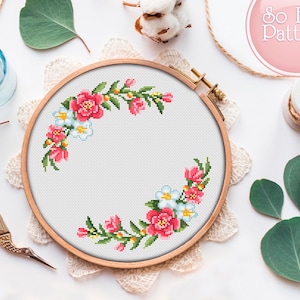 Bloemenkrans kruissteekpatroon pdf bloemen kruissteekkaart moderne x-steekkaart kruissteek bloemenrand borduursteek ontwerppatroon