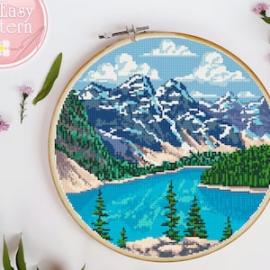 Natur Kreuzstichmuster PDF Landschaft Modernes Kreuzstichmuster Wald See Berg Woodland Kreuzstichvorlage Xstitch