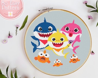 ファミリーサメクロスステッチPDFパターンクロスステッチベビーサメ