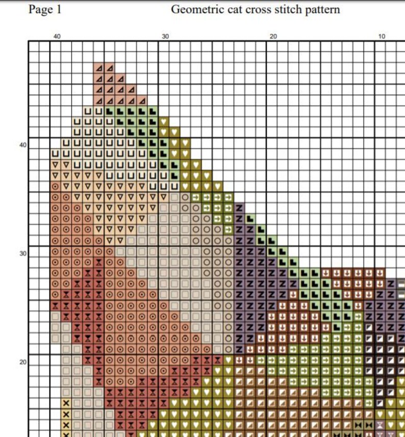 May include: A geometric cross-stitch pattern of a cat, featuring a grid with various symbols and color blocks. The design includes the text "Geometric cat cross stitch pattern" at the top of the image. The pattern is on page 1.