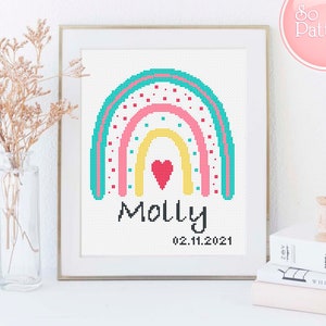 Rainbow cross stitch birth Announcement Personalized Baby Nursery decor Name Birth Gift Kids Easy design XStitch chart PDF pattern