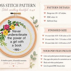Pu&ograve; includere: Uno schema a punto croce in un telaio di legno con il testo Never underestimate the power of a girl with a book - RBG - circondato da una ghirlanda floreale di rose rosa e gialle e foglie verdi. Include dettagli sulle dimensioni e file PDF.