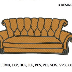 May include: A brown sofa with a tufted back and arms. The sofa is a popular design from the TV show "Friends".