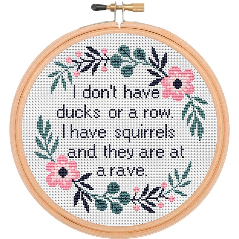 May include: A white embroidery hoop with a floral design around the edges. The hoop contains a cross-stitch design with the text "I don't have ducks or a row. I have squirrels and they are at a rave."