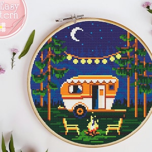 Camping cross stitch PDF pattern Nature cross stitch pattern Adventure cross stitch pattern Night Mountains landscape Modern cross stitch