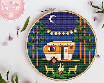 Camping cross stitch PDF pattern Nature cross stitch pattern Adventure cross stitch pattern Night Mountains landscape Modern cross stitch