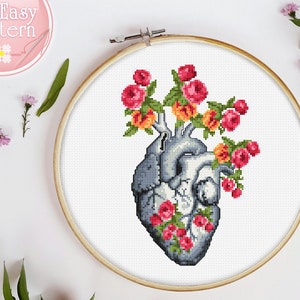 Anatomical Heart cross stitch pattern, Cross Stitch Pattern Pdf, Medical Needlepoint, Human Heart cross stitch, floral cross stitch