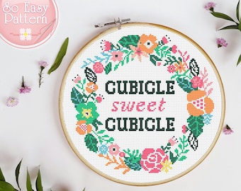 Subversive cross stitch pattern Cubicle Sweet Cubicle Funny Cross Stitch Modern cross stitch PDF pattern Floral Wreath cross stitch chart