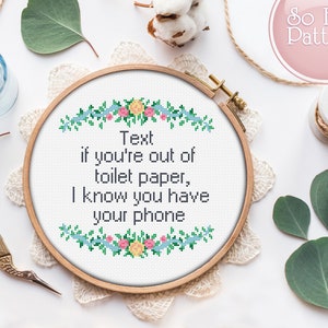 Funny Cross Stitch PDF Pattern, Text If You’re Out Of Toilet Paper, Subversive cross stitch chart, bathroom decor embroidery