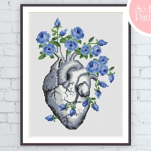 Cross Stitch Pattern PDF, Anatomical Heart counted cross stitch, Medical Needlepoint, Human Heart cross stitch, floral cross stitch Hoop art