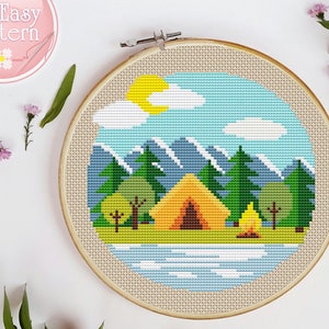 Camping cross stitch PDF pattern Nature cross stitch Adventure cross stitch pattern Mountains landscape Modern cross stitch Easy Xstitch