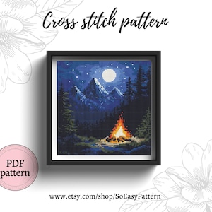 Camping cross stitch PDF pattern Nature cross stitch pattern Adventure cross stitch pattern Night Mountains Stitch Landscape Pattern Pdf