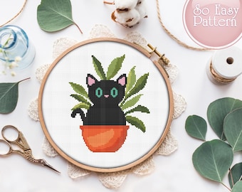 Katzen und Blumen Kreuzstich PDF Muster, einfache Kreuzstichvorlage, lustiger Kreuzstich Pflanzen und schwarze Katze Kreuzstich für Anfänger