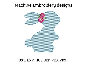Osterhase mit Blumenmuster, Maschinenstickerei, Kaninchen Silhouette Zierstiche, Osterhase Blumenstickerei, niedliches Häschendesign