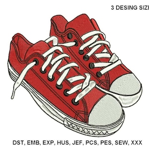 May include: A pair of red sneakers with white laces and a white sole. The sneakers are embroidered and have a 3D effect.