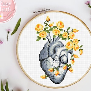 Floral heart cross stitch chart, Anatomy cross stitch pattern pdf, Anatomical heart counted cross stitching, Modern embroidery pattern