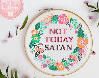 Nie dzisiaj Szatan Subwersywny Wzór Krzyżykowy PDF, Obramowanie Krzyżykowe, Cytat Krzyżykowy, Zabawny Krzyżykowy, Wieniec Kwiatowy Xstitch