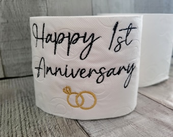 1st anniversary gift, Embroidered toilet paper, Anniversary toilet roll, wedding  joke present,