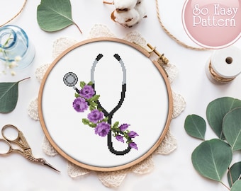 Stethoskop Kreuzstichmuster Pdf, Blumen Stethoskop Kreuzstich, Medizinische Nadelspitze, Krankenschwester Leben Kreuzstichvorlage