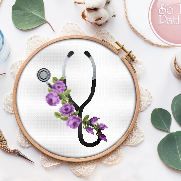 Stethoscope cross stitch pattern Pdf, Floral Stethoscope Counted Cross Stitching, Medical Needlepoint, Nurse Life cross stitch chart