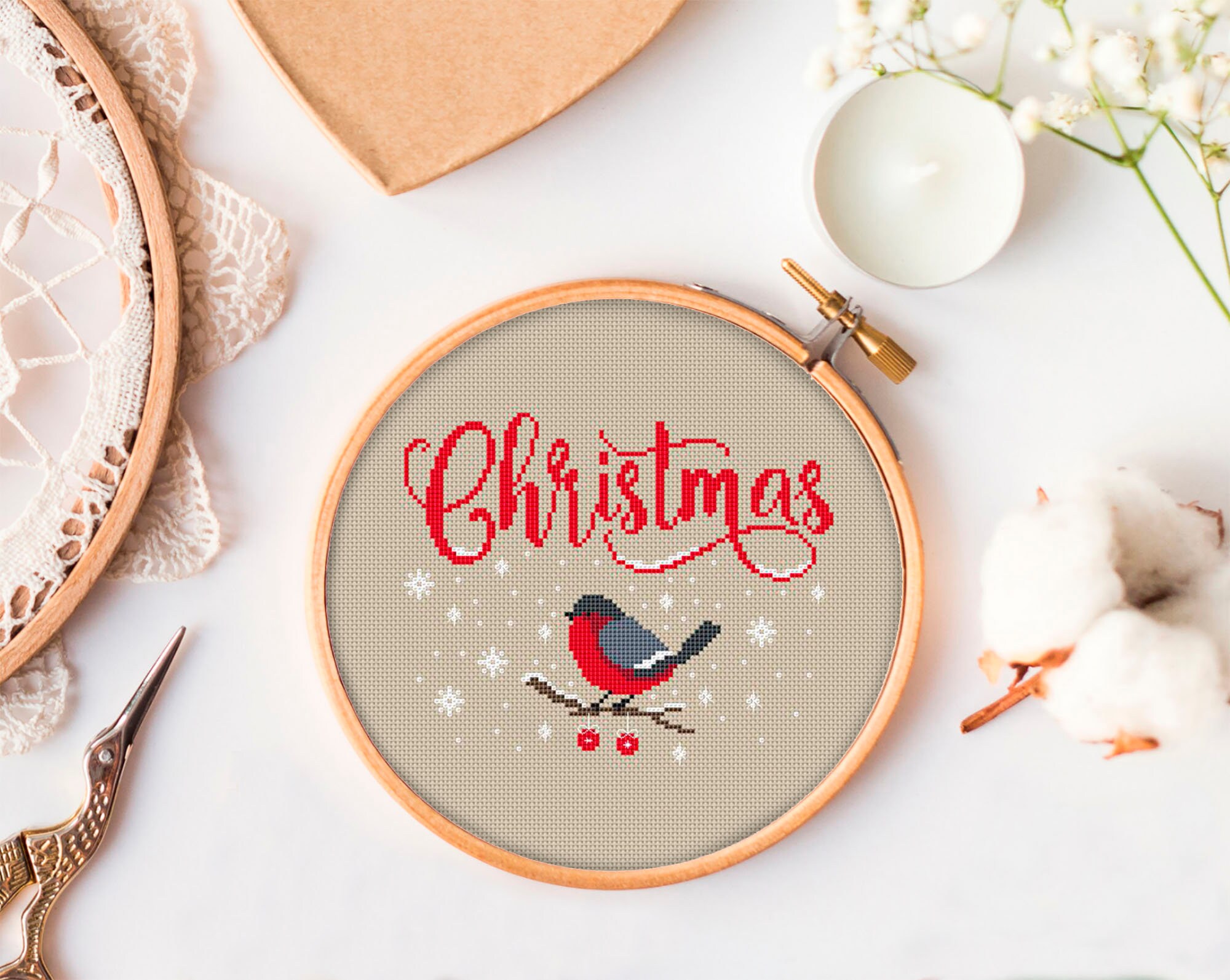 Povitrulya Kit Punto Croce Fai Da Te – Ghirlanda Di Natale Con Uccello Cardinale – 19x18,5 Cm