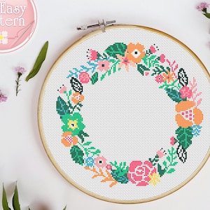 Floral Wreath cross stitch pattern PDF, Flower cross stitch, Modern Xstitch chart, Floral Needlepoint Design, Cross Stitch Flowers, Hoop Art