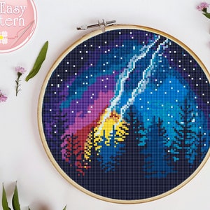 Northern Lights cross stitch Modern cross stitch PDF pattern Nature counted cross stitch chart Camping cross stitch Galaxy xstitch pattern