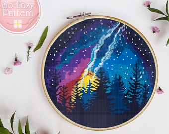 Nordlichter Kreuzstich Moderne Kreuzstich PDF Muster Natur gezählt Kreuzstichvorlage Camping Kreuzstich Galaxy xStitch Muster