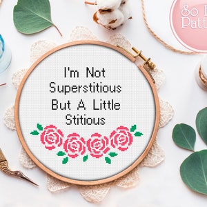 Funny Cross Stitch Pattern PDF Quote cross stitch I'm Not Superstitious Ironic xstitch chart Begginer cross stitch Subversive crossstitching