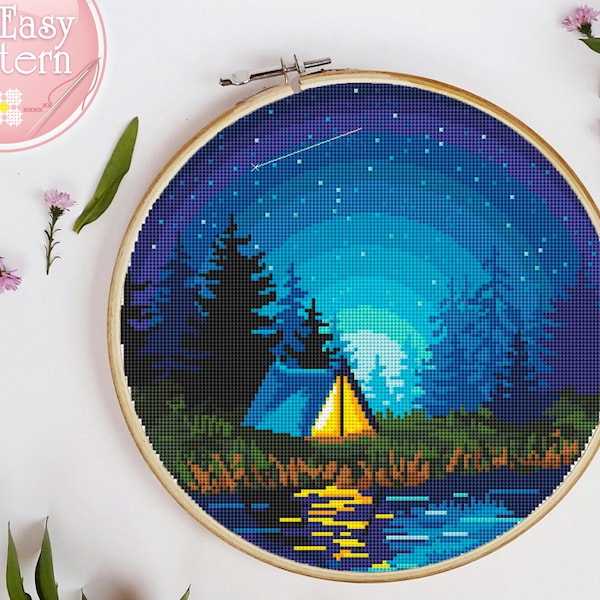 Camping cross stitch PDF pattern Nature cross stitch pattern Adventure cross stitch pattern Night Mountains landscape Modern cross stitch