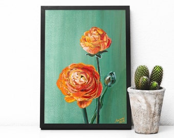 Print of Watercolor and Acrylic Painting - Jessica's Orange Ranunculus