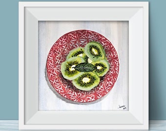 Print of Acrylic and Watercolor Painting Breakfast Series- Fresh Kiwi Bowl