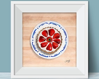 Print of Acrylic and Watercolor Painting "Breakfast Series- Strawberry Tart"