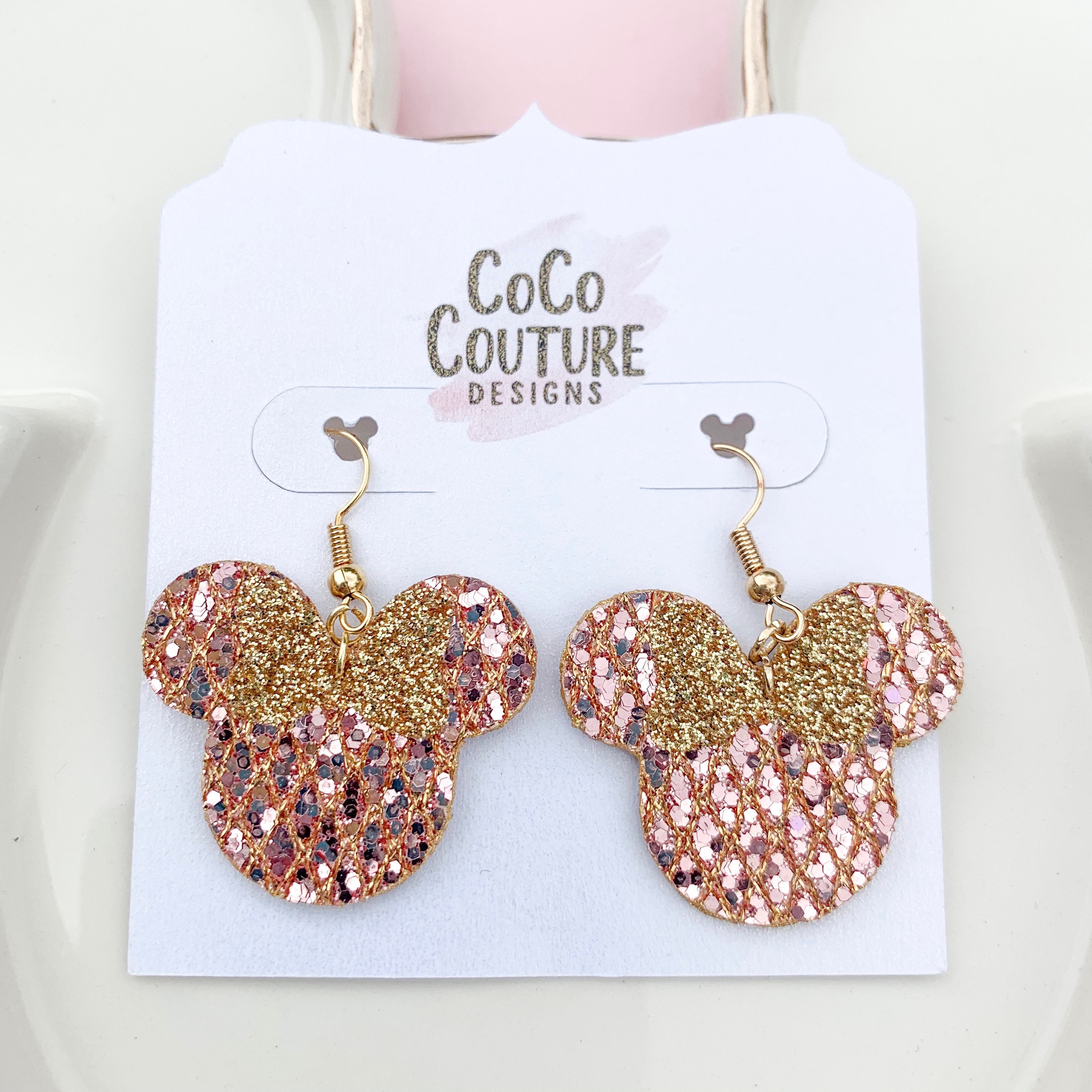 Mouse Earrings Minnie Rose Gold Glitter Sparkle Gold Dangle