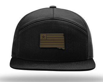 South Dakota Black Flag Cap (Flagship Design) | Genuine Leather Patch | State Outline | Adjustable Snapback | 7 Panel | Great Gift | SD