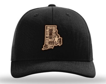 Rhode Island Black Classic Trucker Cap (Vintage Collection) | Genuine Leather Patch | State Outline | Adjustable Snapback | Mesh Hat