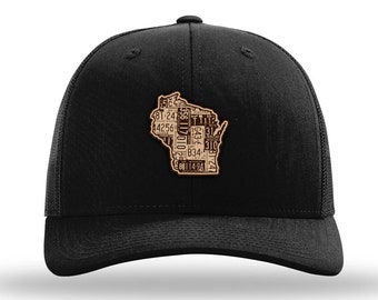 Wisconsin Black Classic Trucker Cap (Vintage Collection) | Genuine Leather Patch | Wisconsin Outline | Adjustable Snapback | Mesh Hat