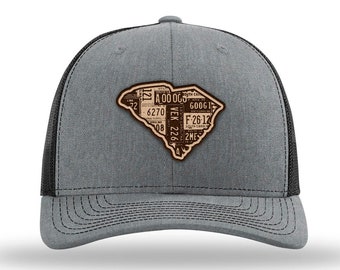 South Carolina Heather Gray Classic Trucker Cap (Vintage Collection) | Genuine Leather Patch | State Outline | Adjustable Snapback | Mesh