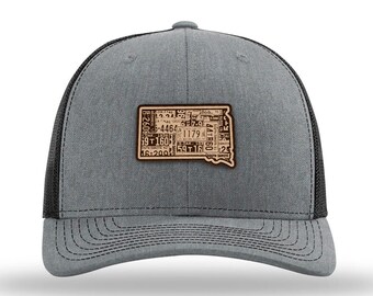 South Dakota Heather Gray Classic Trucker Cap (Vintage Collection) | Genuine Leather Patch | State Outline | Adjustable Snapback | Mesh Hat