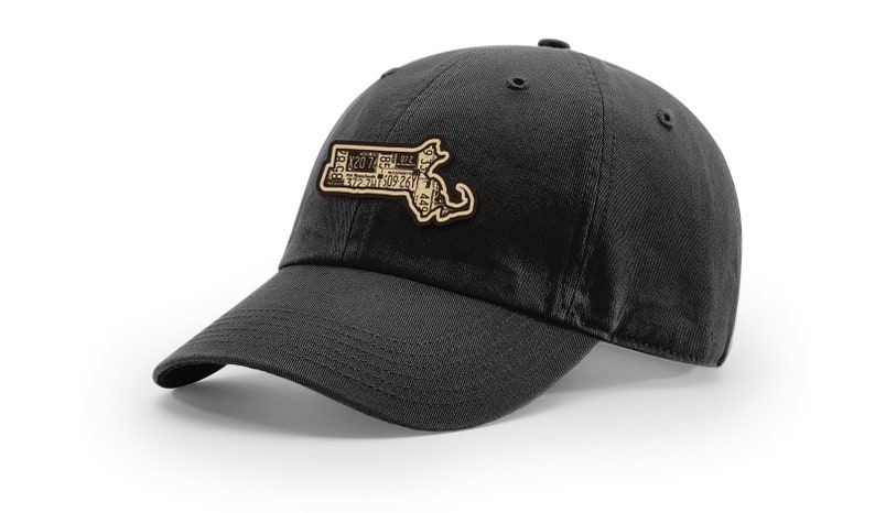 Vintage Design | Leather Patch Massachusetts Outline adjustable hat MA Hat Vintage License Plate Design Massachusetts Black Dad Cap