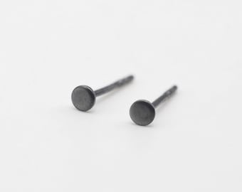 Tiny Flat Round Stud Earrings | 3mm Sterling Silver Studs | Small Minimalist Black Studs | Unisex Stud Earrings