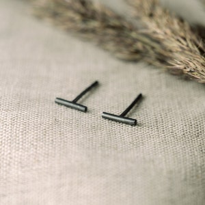 May include: A pair of black bar stud earrings. The earrings are simple and minimalist, and they would be a great addition to any jewellery collection.