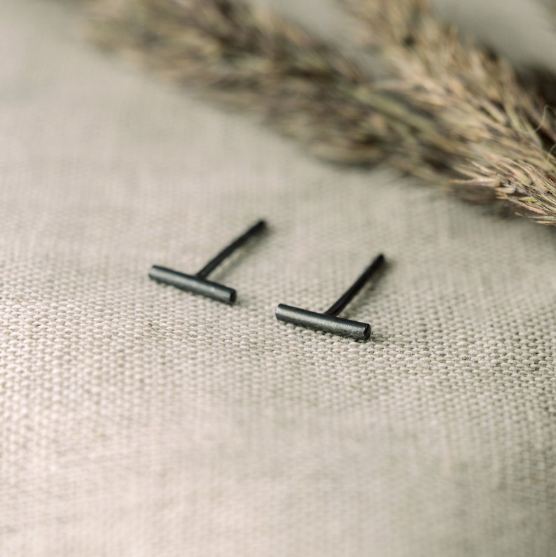 May include: A pair of black bar stud earrings. The earrings are simple and minimalist, and they would be a great addition to any jewellery collection.