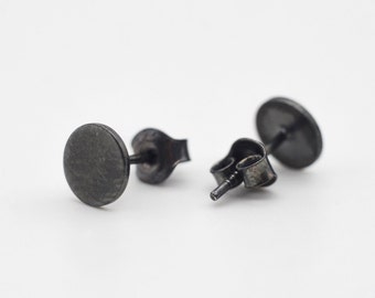 Minimalist Disc Stud Earrings in Blackened Silver | Unisex Sterling Silver Studs | Black Dot Earrings