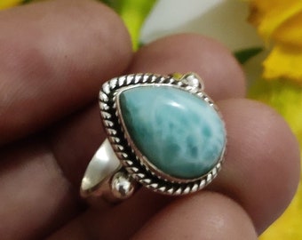 Larimar Ring Sterling Silver Precious Stone Ring Dominican Larimar Elegant Ring Artisan Designer Ring Bridesmaid Gift For Her Statement Ring