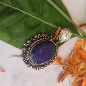 Sapphire Pendant, Sterling Silver, Blue Oval Pendant, Vintage Pendant, Designer Pendant, Unique Pendant, Hippie Pendant, Bridesmaid Gift Her