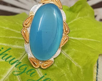 Blue Chalcedony Ring, 925 Silver Gold Plated, Ultimate Ring, Cocktail Ring, Long Gemstone Ring, Oval Ring, Unique Statement Ring, Boho Ring